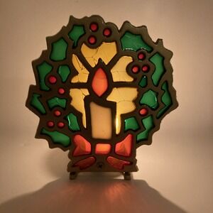 Vintage STAINED GLASS Cast Iron Wreath CANDLE HOLDER MCM 70s Christmas